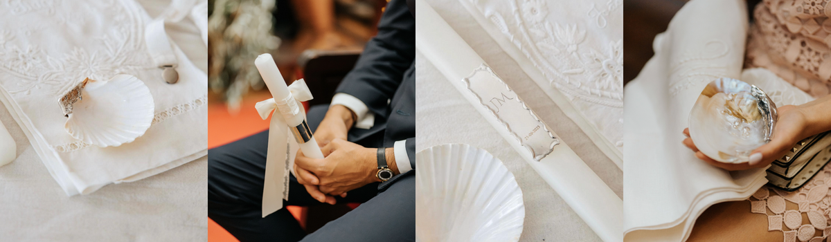 Conchas e velas de batizado em prata da JF Jóias, em quatro fotografias da cerimónia